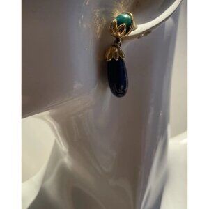 Vintage Neoclassical Faux Malacite & Faux Lapis Lazuli Gold Tone Earrings Boho